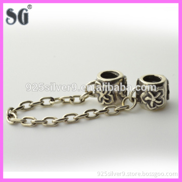 Antique style safety chain double stoppers genuine sterling silver fits european bracelet